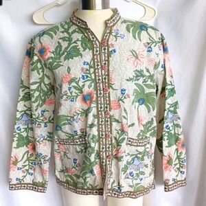 Tudor Court Blazer Floral Mandarin Collar Cotton Garden Asian Vintage, 20" PTP
